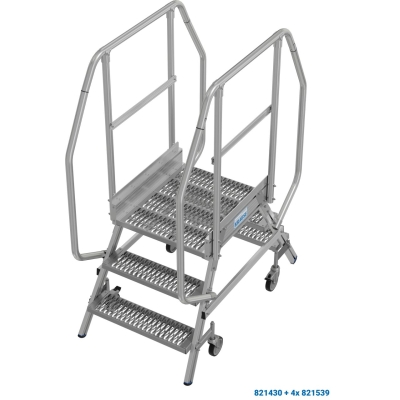 Jezdny podest roboczy, z dwustronnym wejściem, 2x3 stopnie R13, barierki 110 cm