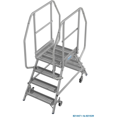 Jezdny podest roboczy, z dwustronnym wejściem, 2x4 stopnie R13, barierki 110 cm