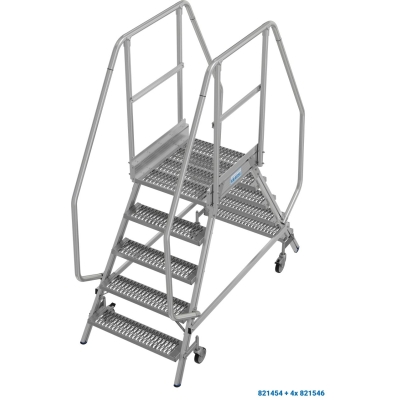 Jezdny podest roboczy, z dwustronnym wejściem, 2x5 stopnie R13, barierki 110 cm