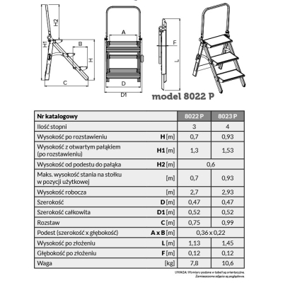Schodki Drabex typ 8020 - 4 st. z poręczą (wys. rob. 2,93m)