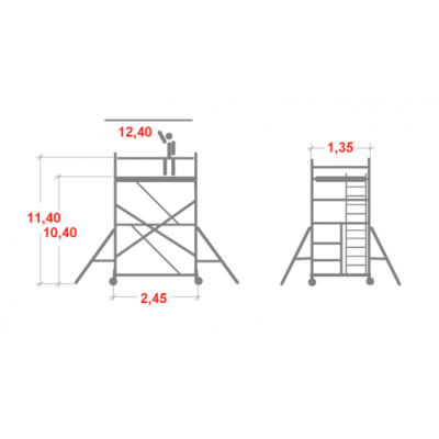 Rusztowanie aluminiowe Faraone Top System ze schodami (1,35x2,45m) wys. rob. 12,40m