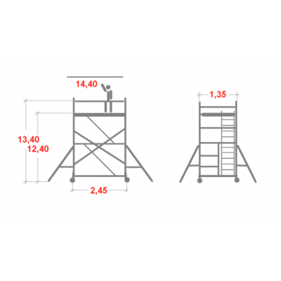Rusztowanie aluminiowe Faraone Top System ze schodami (1,35x2,45m) wys. rob. 14,40m