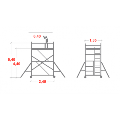 Rusztowanie aluminiowe Faraone Top System ze schodami (1,35x2,45m) wys. rob. 6,40m