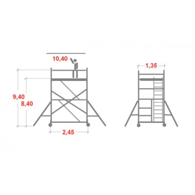 Rusztowanie aluminiowe Faraone Top System ze schodami (1,35x2,45m) wys. rob. 10,40m